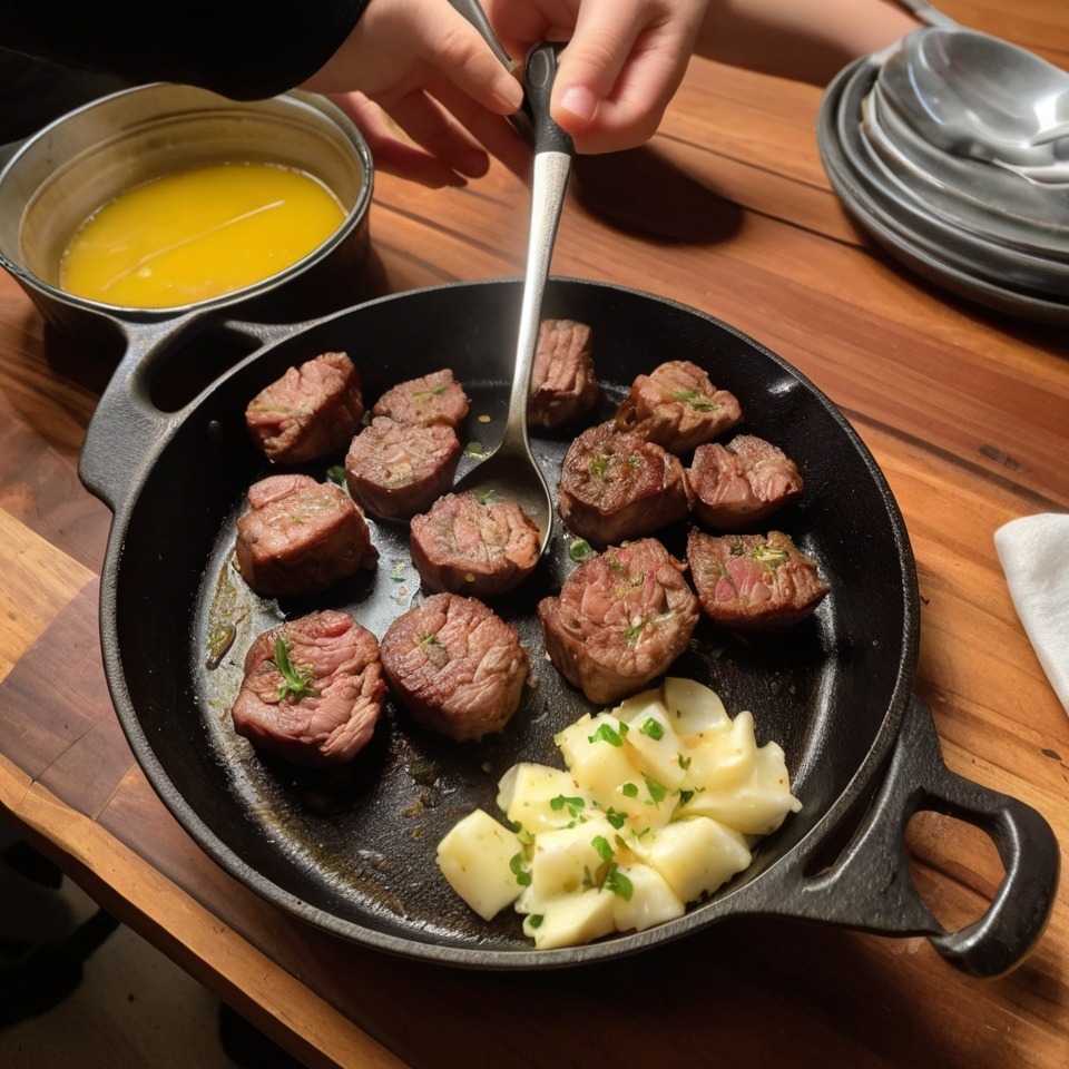 Steak bites served in a rustic skillet with garlic and butter.